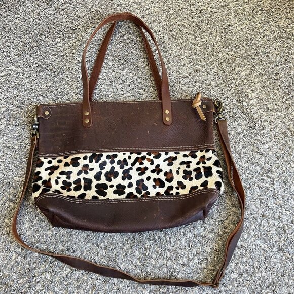 Hawks And Doves Cowhide Leopard Leather Tote Shoulder Bag Crossbody Handcrafted - Picture 1 of 9